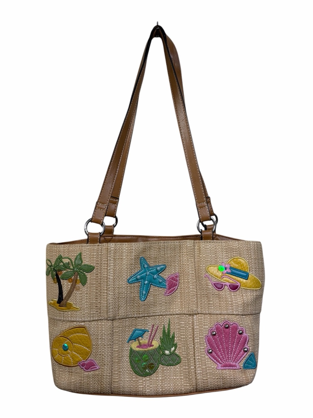 Rossetti Y2K Beach Sequin Patchwork Raffia Tote Bag with Brown Handles